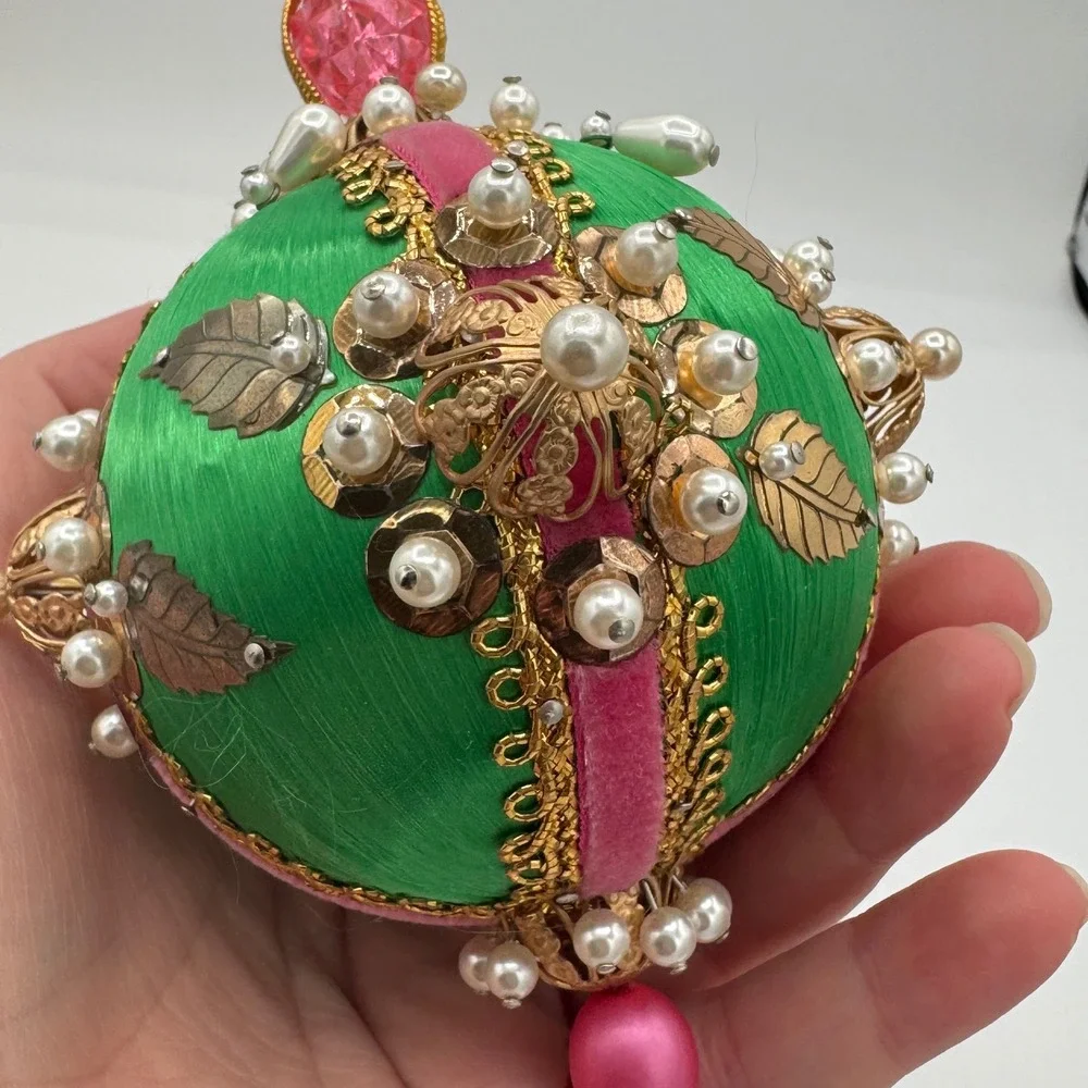 Vintage Handmade Satin Christmas Ornaments Green Pink Velvet Pearls Jewels Set 2